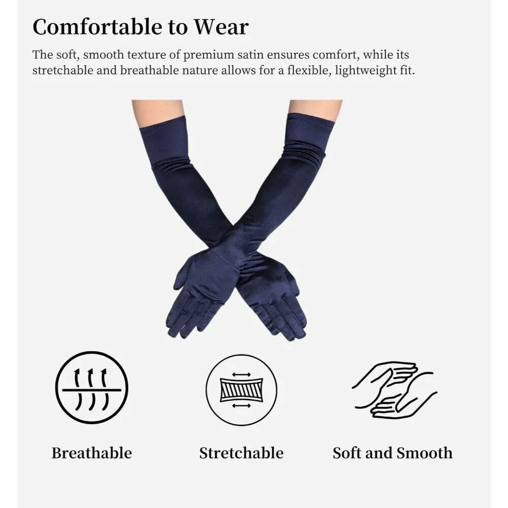 Women's Elbow Length Navy Blue Satin Gloves Costume Princess Party Accessories